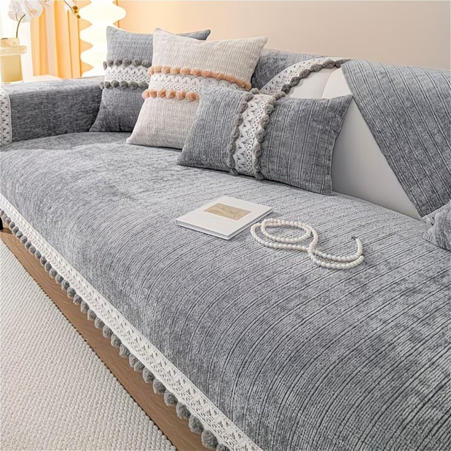 TEMU 1pc Pet-friendly Cat-scratch-resistant Chenille Non-slip Sofa Cushion, With Lace And Little Pom-pom Design, Solid Color Minimalist Modern Sofa