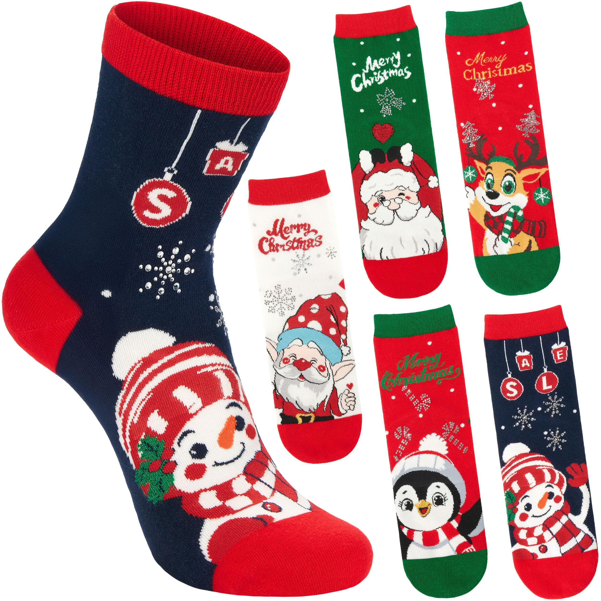 Image of Brubaker 5 Pairs Of Christmas Socks For Women - Penguin, Reindeer, Santa & Snowman - Funny Christmas Socks - Colorful Winter Sock Set With - Gift For Women - Size 30-35