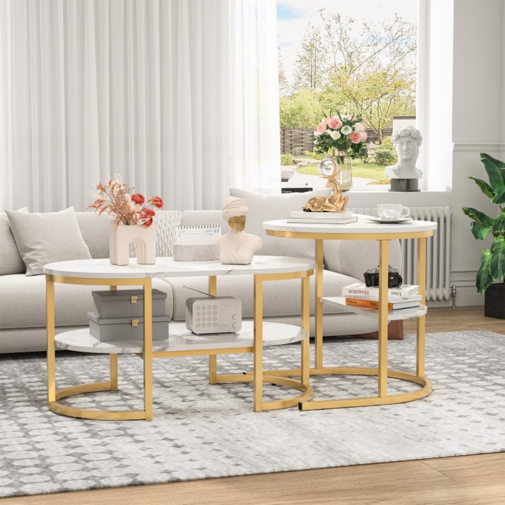 Image of Luminarix Set Of 2 Round And Oval Coffee Tables With Storage Space, High-quality Wood Top, Metal Frame, Living Room Table, Coffee Table, White And Gold Dxzzxczxcnb