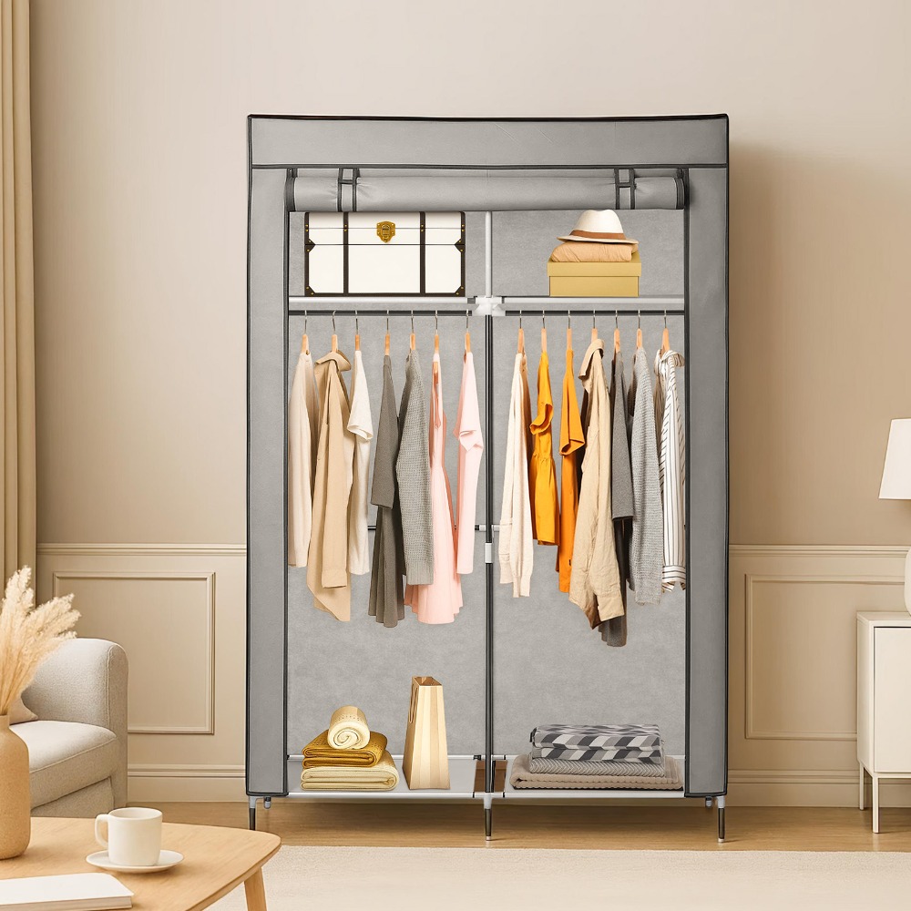 Folding Wardrobe 108x45x170 Cm Fabric Clothes Closet With Garment Rail, Metal Frame, Storage