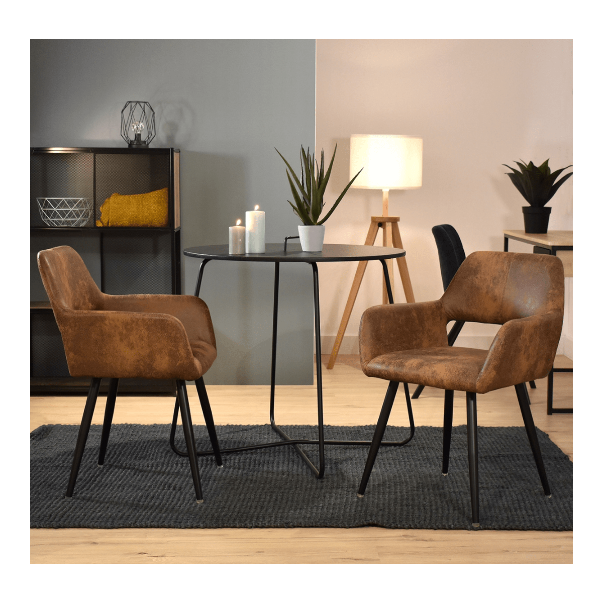 Image of Meuble Cosy Set Of 2 Brown Decorative Chairs With Modern Rustic Design, Synthetic Leather Material, Elegant Metal Legs For Living Room Decoration, Easy To Clean, Enhances And Style, 43x49.5x78cm