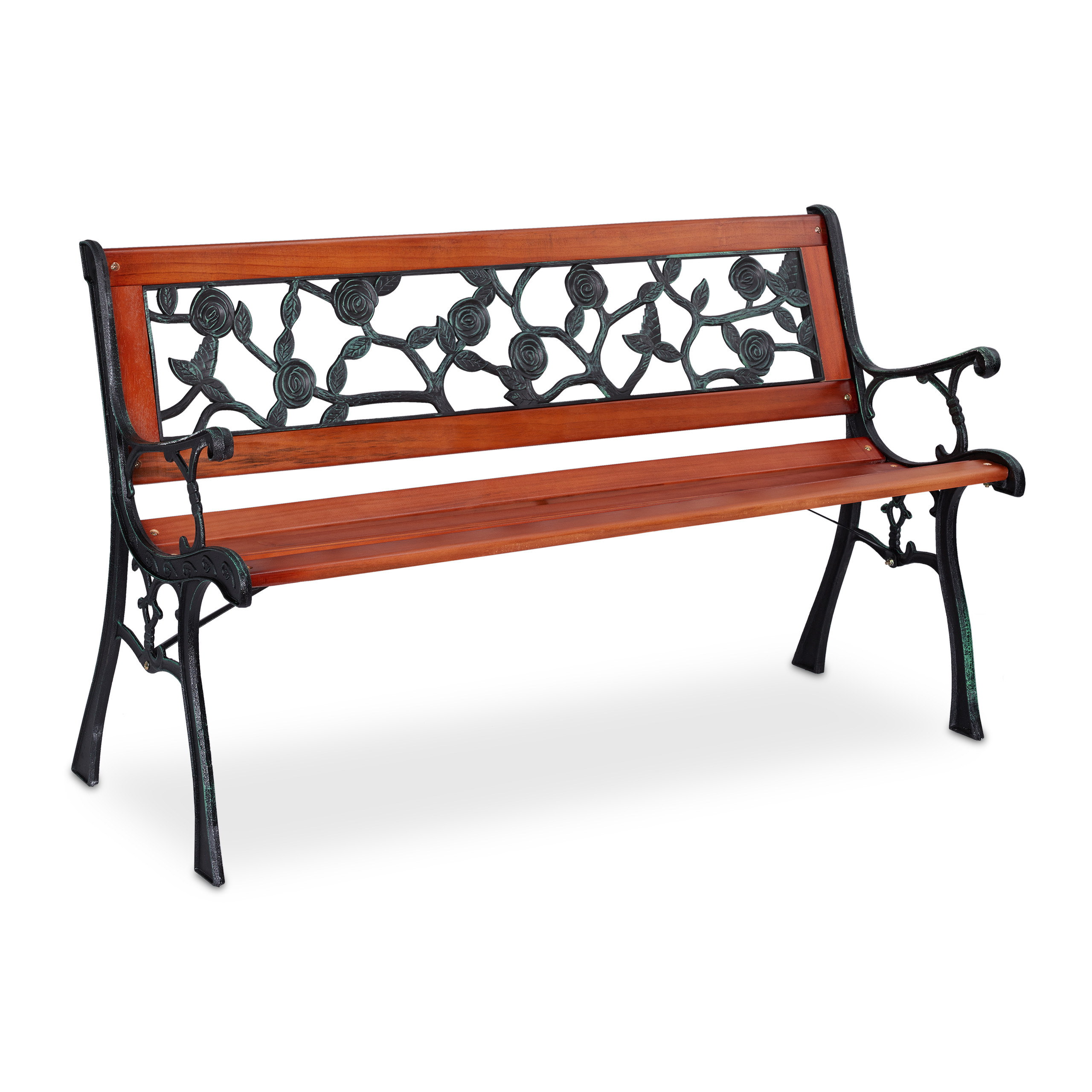 Image of Relaxdays Garden Bench, Rose Pattern, 2-seater, Wood & Cast Iron, For Balcony & Terrace, 73x125x52.5 Cm, Natural/green