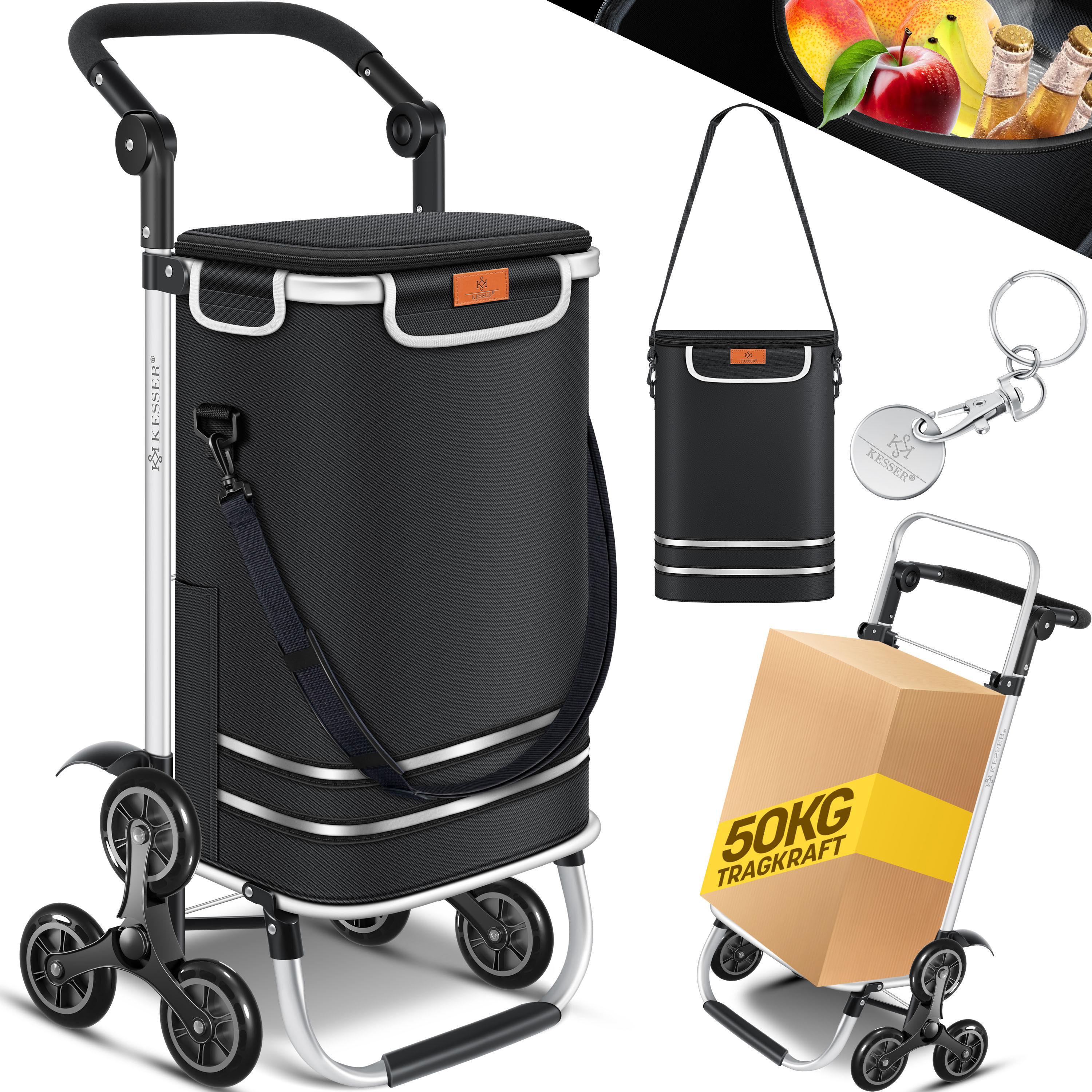 Image of Kesser® Shopping Trolley Stair Climber With Cooler Compartment, Foldable With 56l Capacity And Loadable Up To 50kg | 3in1 Trolley Duffle Bag & Shoulder Bag | Foldable Shopping Cart . Shopping Chip