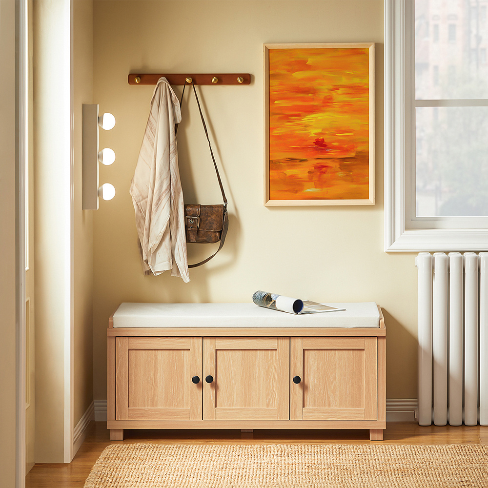 TEMU SoBuy Zapatero con Asiento, Almacenaje con 4 Compartimentos, Ocultas, Asiento y Diseño Natural, para Recibidor Dormitorio Entrada + Carga 225kg