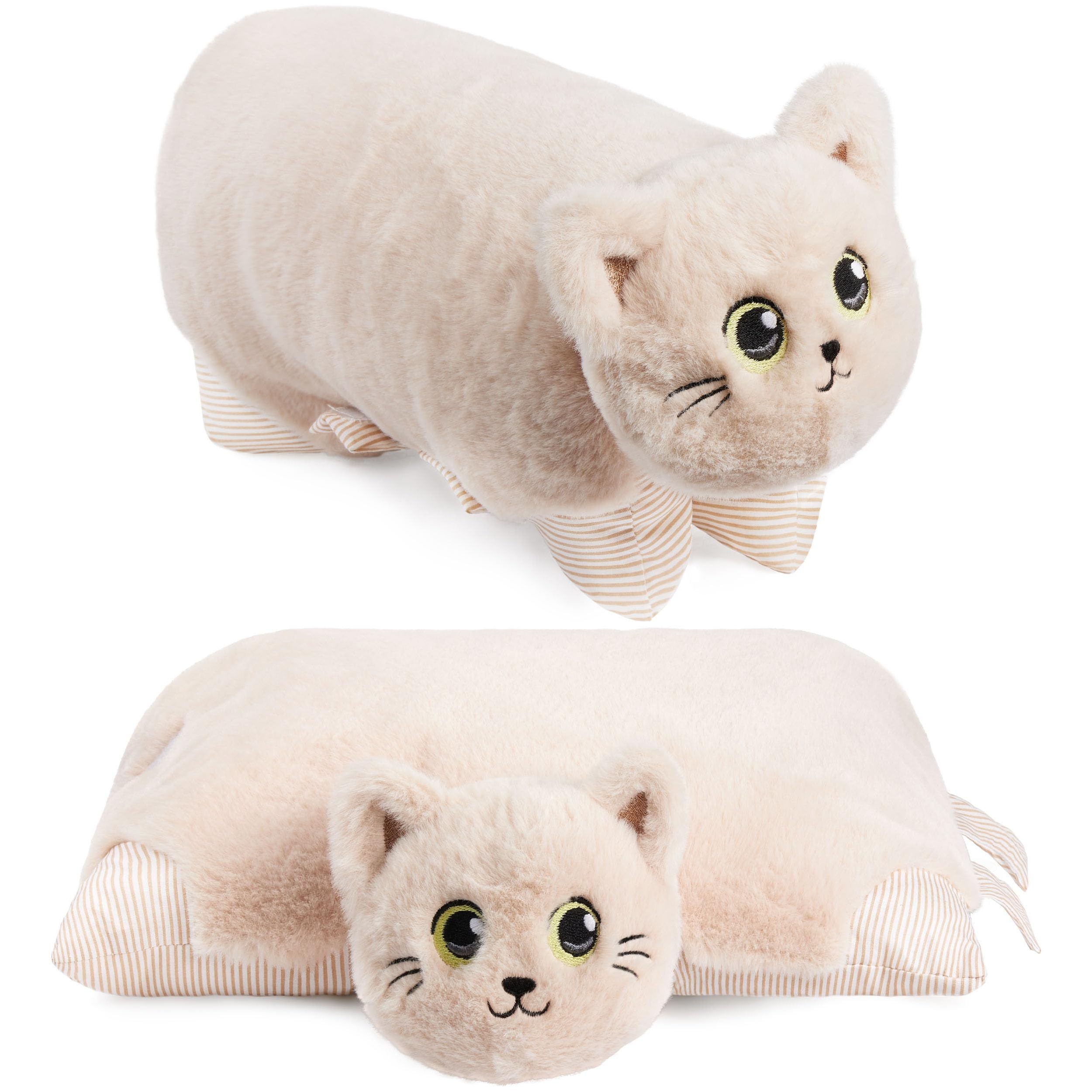 Image of Brubaker Plush Cat Cushion - 2 In 1 Stuffed Animal And Cuddle Pillow - 40 X 30 Cm Snuggle Cat - Flip-open Children's Plush Pillow With Fastener - Animal Pillow Cat Pillow - Beige