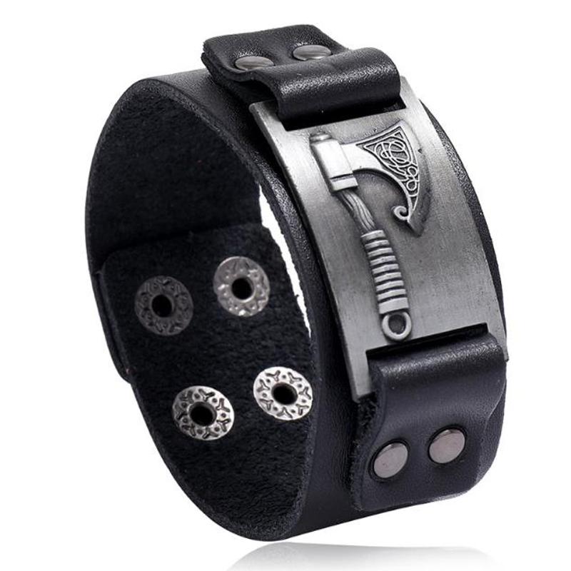 Image of Historical-themed Wide Leather Viking-style Bracelet, Black Leather Finish, Black Color, For The Wrist, Fashionable Jewelry, Suitable For Daily And Evening Outfits, Stylish
