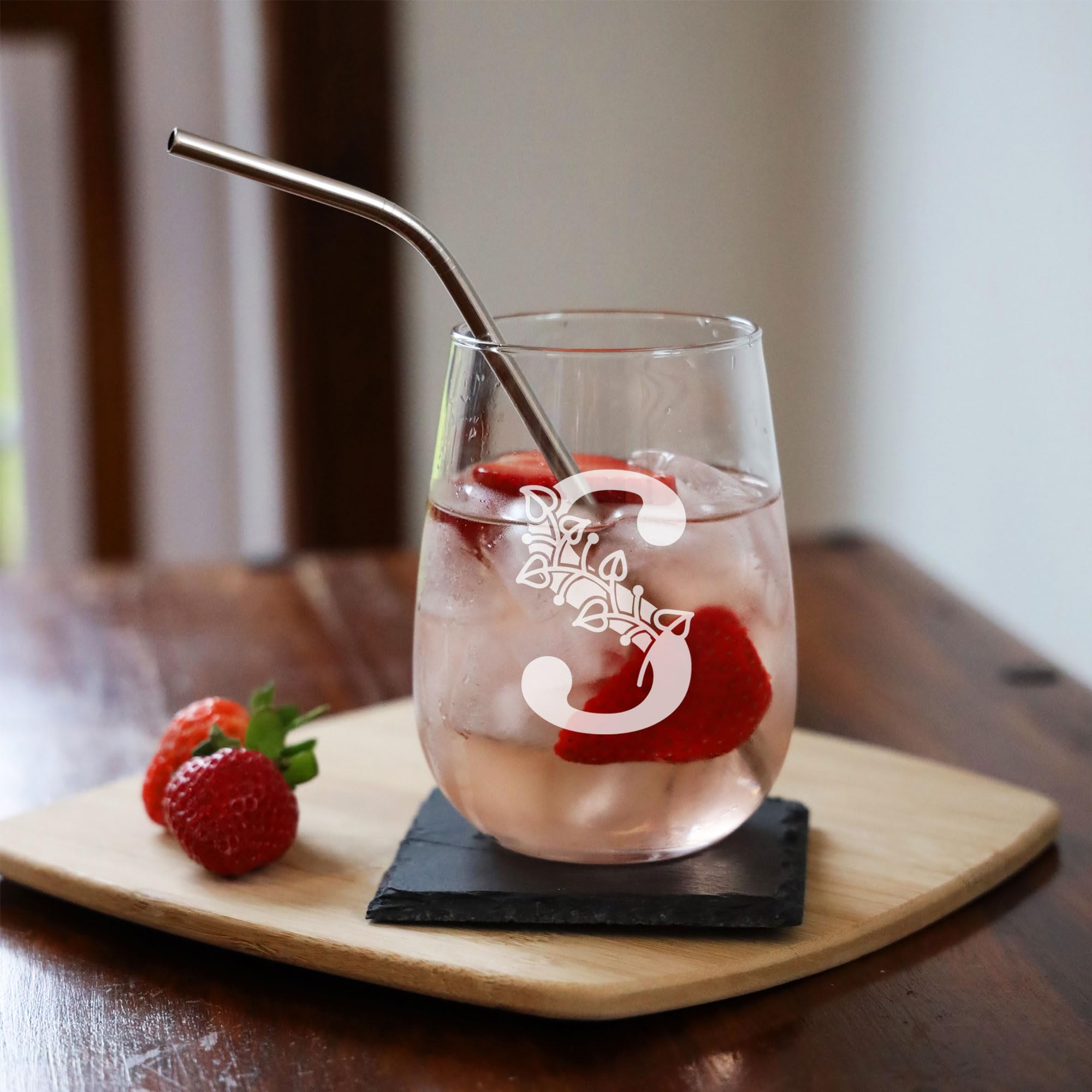 S Monogram Initial Etched Stemless Gin Glass, Engraved Gift