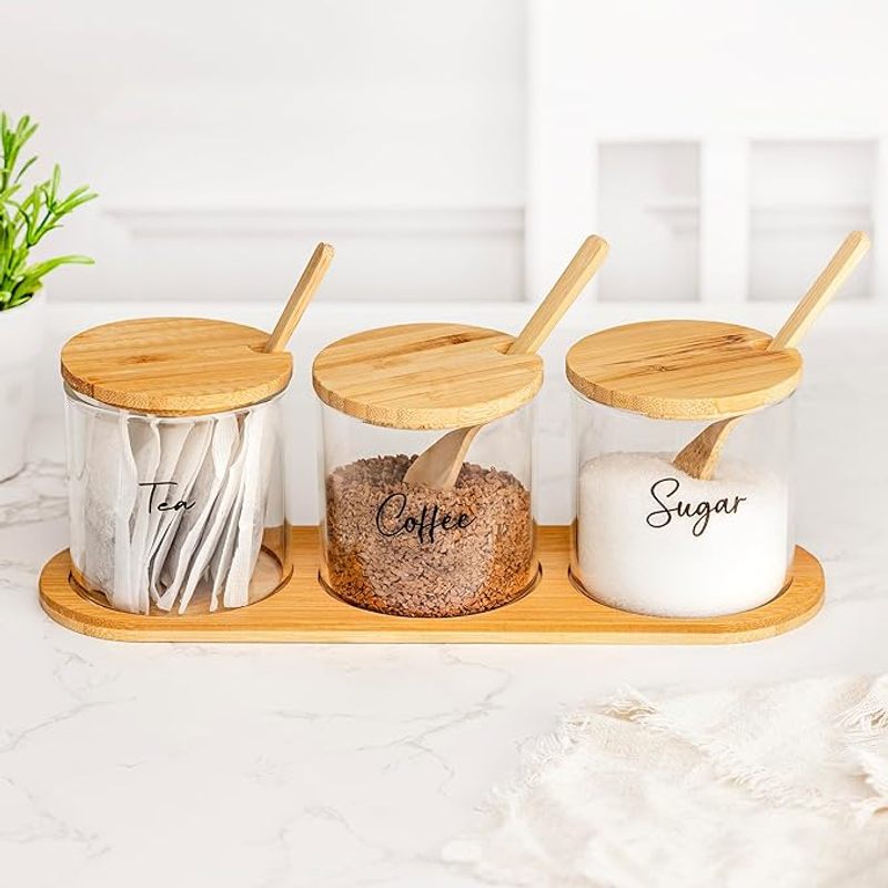 TEMU Glass Tea Coffee Sugar Canisters Set With Lids Hot Chocolate Station Glass Storage Jars With Lids Powder Spices And Kitchen Accessories Storage