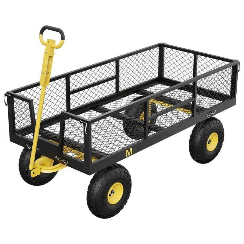 900 Lbs Garden Cart With Removable Mesh Sides, Heavy Duty Steel Garden Wagon With 10" Pneumatic Tires & Rotating Handle, Yard Utility Wagon For Lawn Backyard Use, Black & Yellow