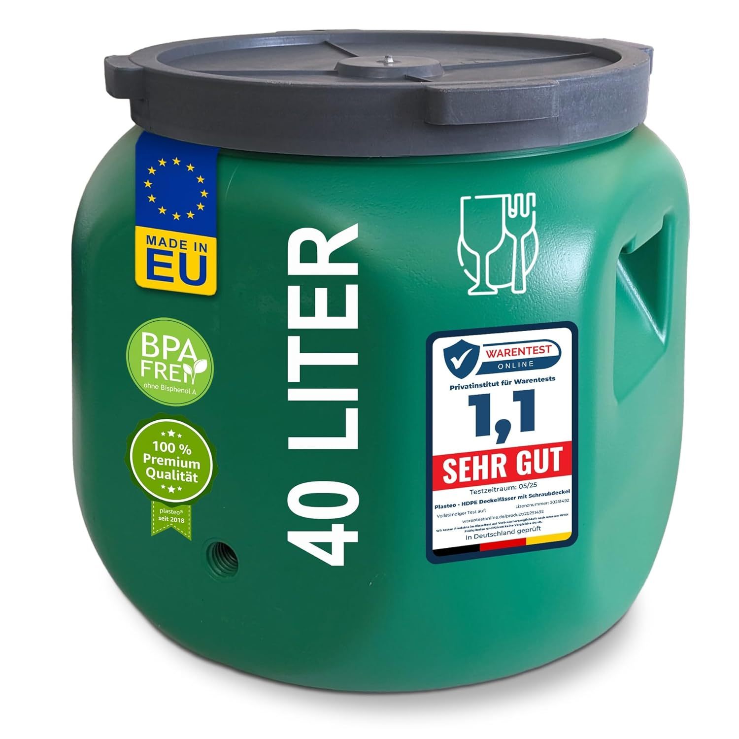 TEMU plasteo Weithalsfass 40 L Deckelfass lebensmittelecht – stabiles HDPE Universalfass mit Schraubverschluss, für Futter, Lagerung und Transport,