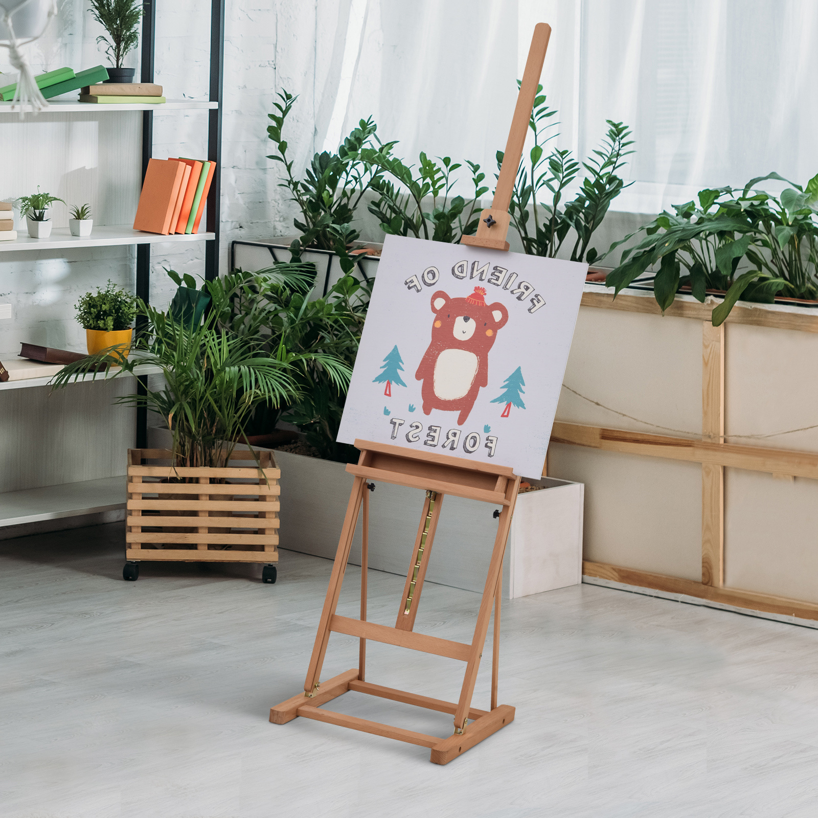 Easel Wedge Frame Studio Easel Height And Angle Adjustable With Storage Compartment Wood Natural 53 X 50.5 X 171-230 Cm