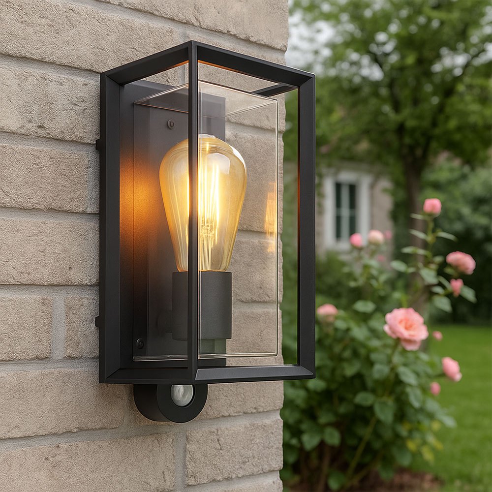 Outdoor Wall Light, Front Door Light, Garden Lamp With Motion Sensor, Black & Clear, Cm
