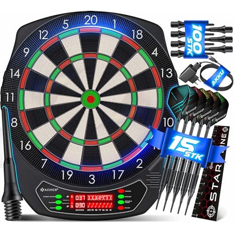 Image of Kesser® Electronic Dartboard Pro Set - E-dartboard With 15 Darts + 20 Pro Flights 100 Dart Tips + Accessories For 1 To 8 Players With Led Display