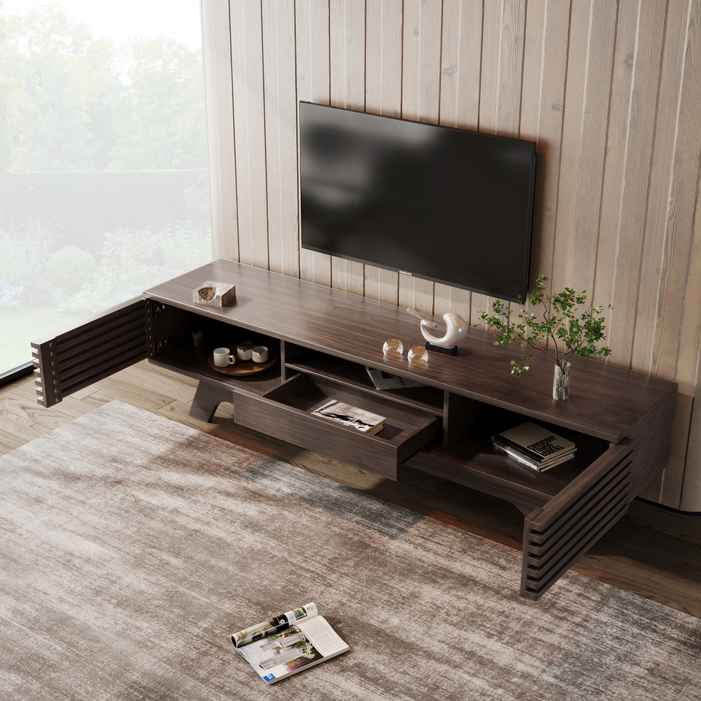 150x35x44 Cm Tv Cabinet 150cm | Vintage Wood Slat Design | Living Room Lowboard With Drawer And Doors | Storage Space For Multimedia Devices