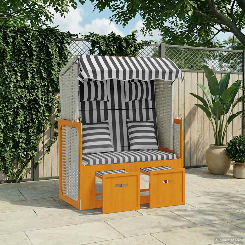 Image of Vidaxl Beach Basket With Cushions, Garden Lounger, Full Recliner, Sun Lounger, , Beach Lounger, Two-seater Lounger, Beach Poly Rattan Solid Wood, White Grey