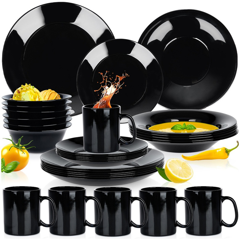 Dinnerware Set 30-piece, Plates, Bowls, Cups For 6 People, Black Vilde