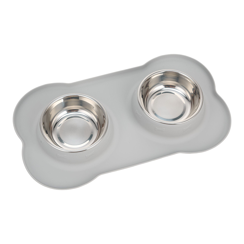 Dog Double Feeding Bowl Cat Food Bowls with Mat Tray for Dogs Cats with Non-slip Bottom Gray 18.5x29.5x3.5cm