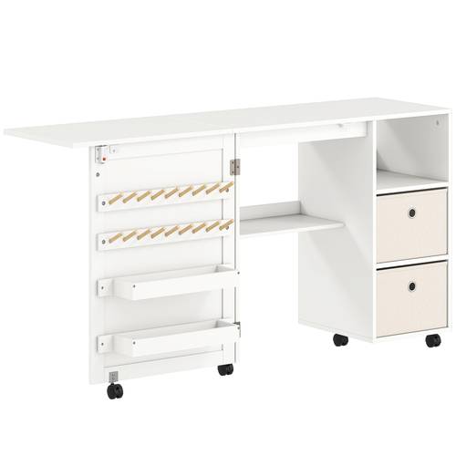 folding sewing table with 6 wheels 18 hooks 2 drawers compartments white