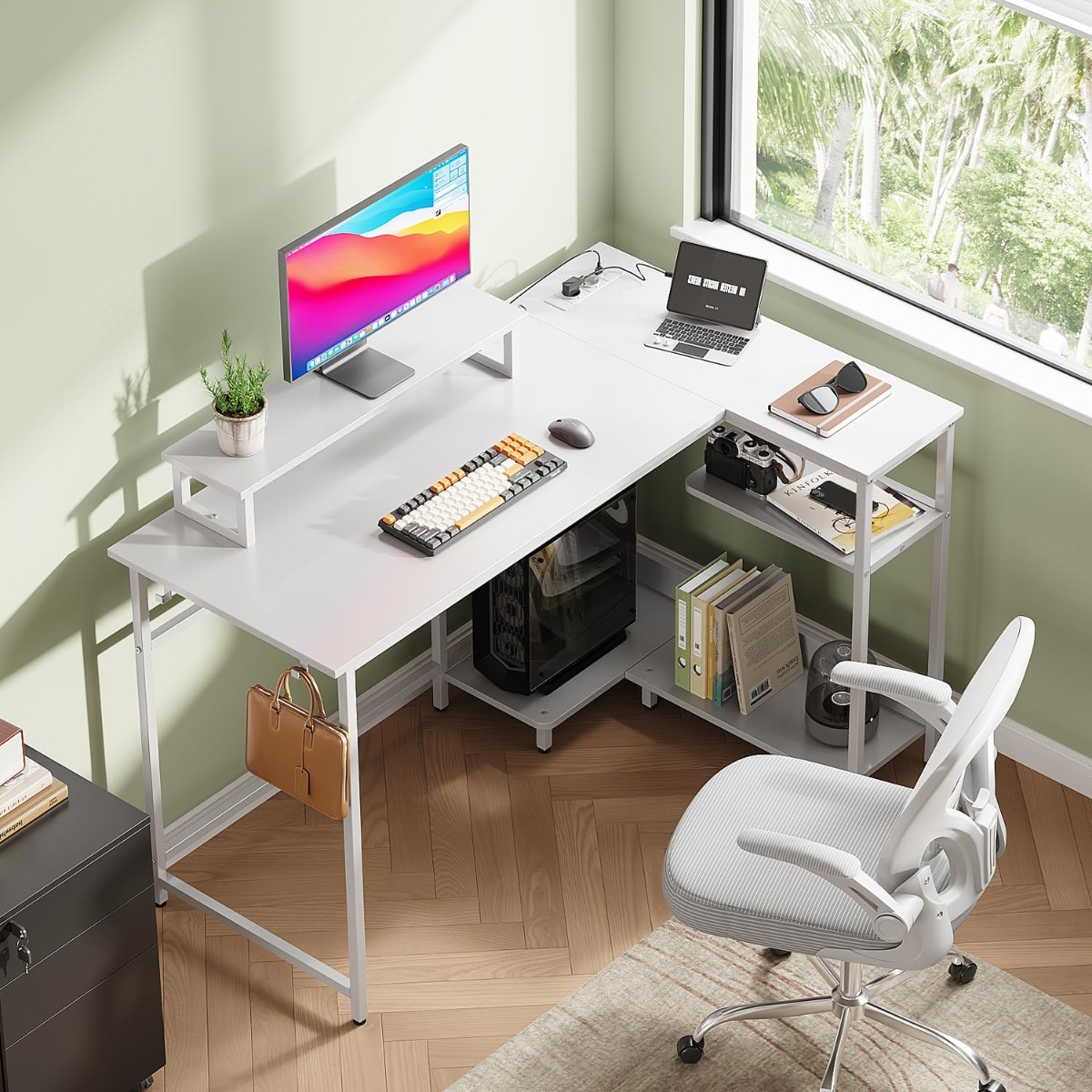 TEMU Gaming-Eckschreibtisch in L-Form mit RGB-LED & Steckdosen, 122×80 cm Schreibtisch mit Monitorständer und Haken, Eckschreibtisch mit Ablage für
