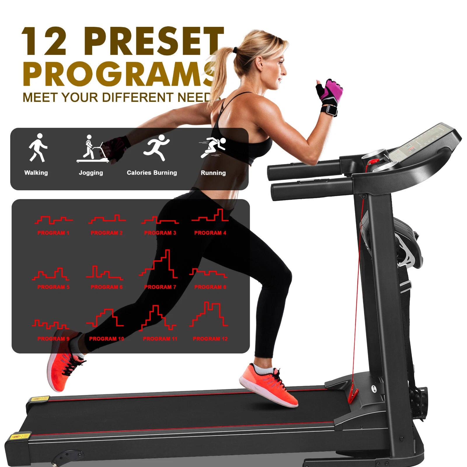 Foldable Electric Treadmill 2.0 HP Motorized Running Machine with Incline & Built-in Massager – Adjustable Speeds 1-12 km/h, LED Display, Home Gym Fitness Equipment
