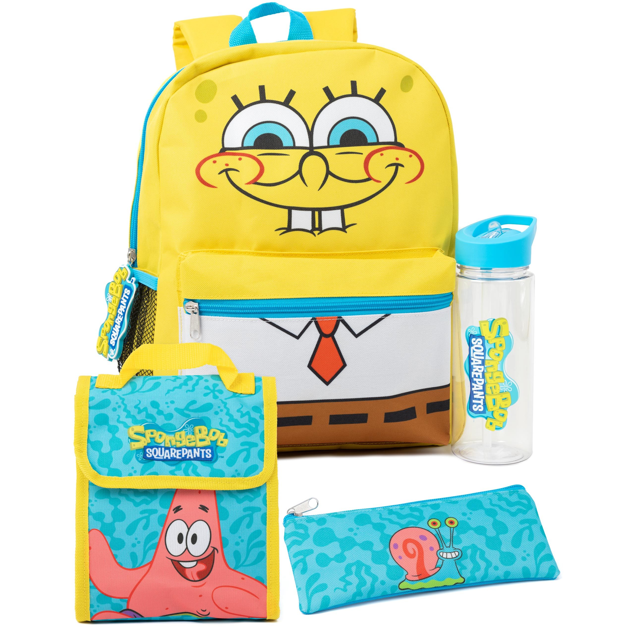 TEMU Spongebob Backpack Set | Kids 4pcs Multicoloured Rucksack Bundle With School Bag, Pencil Case, Lunch Bag & Water Bottle | Sponge Bob, Patrick &