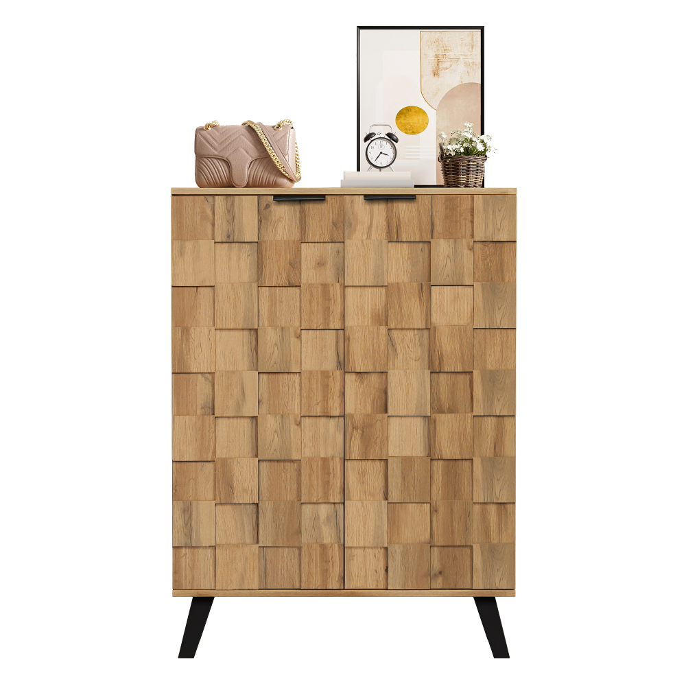Shoe Cabinet 80.5x35x109.5cm With 5 Floors In Wood Optic, Shoe Rack With Adjustable Shelves And Hinges, Narrow Storage Cabinet For Hallway And Entrance Area, Modern Shoe Cabinet With Black Handles.