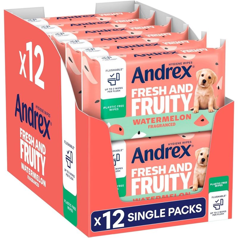 TEMU Andrex Fresh And Fruity Hygiene Wipes, 12 Packs, Flushable Toilet Tissue Wet Wipes With Watermelon Fragrance- And - Use With Regular Toilet Roll