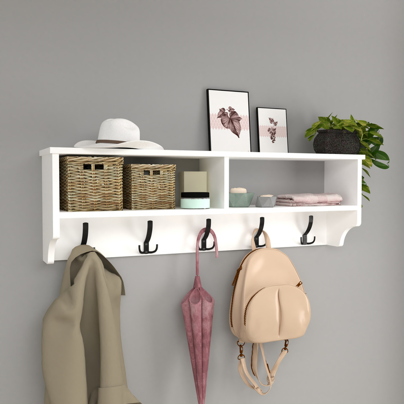 Image of Åstorp Wall Coat Rack, 120 X 22 X 37 Cm, With 2 Storage Compartments, Hooks For Jackets, Coats, And Scarves, Wall-mounted Hanging Shelf For Hallway, Bedroom, And Living Room In Colors