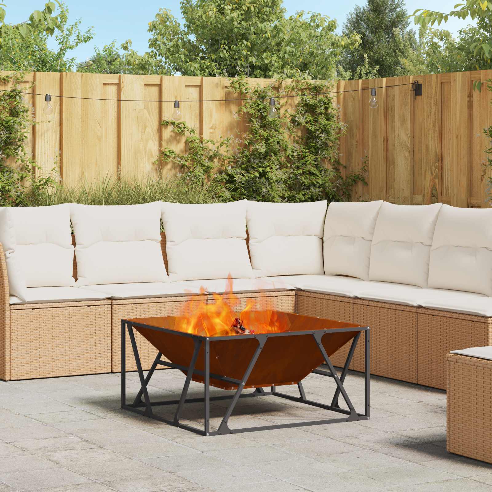 Image of Fire Pit Rustic 80 X 80 X 40 Cm Weather-resistant Steel, Stylish, Modern Fire Bowl For Outdoor, Square, , Perfect For Relaxed Evenings