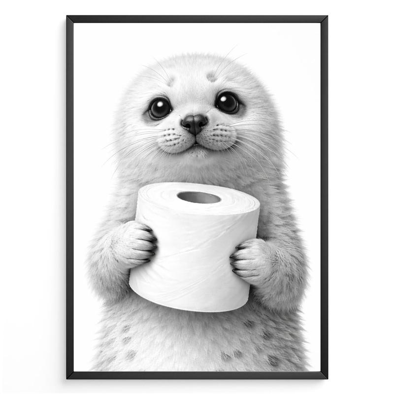 Image of Funny Bathroom Poster - Seal With Toilet Paper, Humorous Wall Decor For Toilet, Guest Bathroom, Bathroom Decor, Toilet Humor, Funny Seal Animals