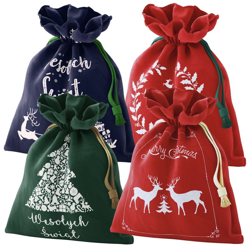 Image of Set Of Bags 30x45 Cm 4pcs. Non-woven Reusable Gift Pouches, Christmas Inscriptions Merry Christmas/merry Christmas, Red , Green/gold Ribbons