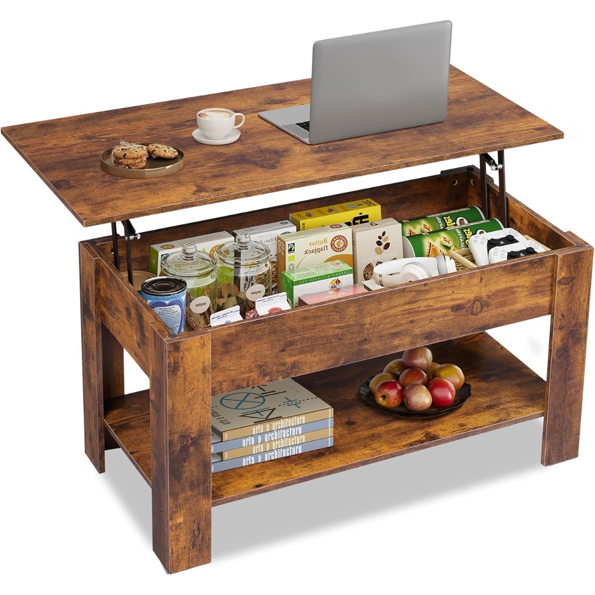 E-shop Höhenverstellbarer Couchtisch mit Regal, Rechteckiger Wohnzimmertisch mit offenem und verstecktem Stauraum, Couchtisch für Wohnzimmer,