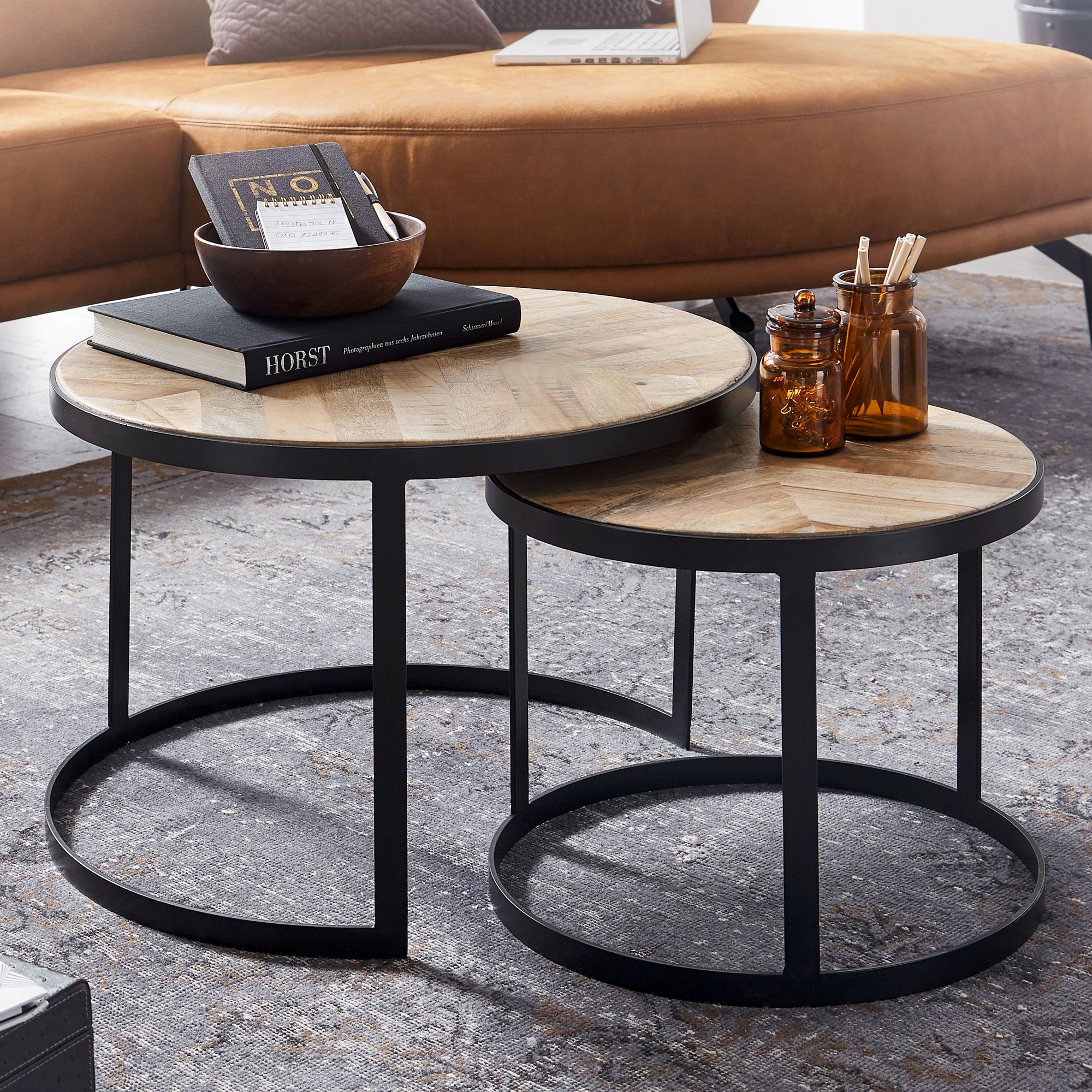 Coffee Table 2pcs Set Solid Wood / Metal Living Room Table Industrial Round, Side Table With Metal Legs Black, 2-part Table Set Wooden Table