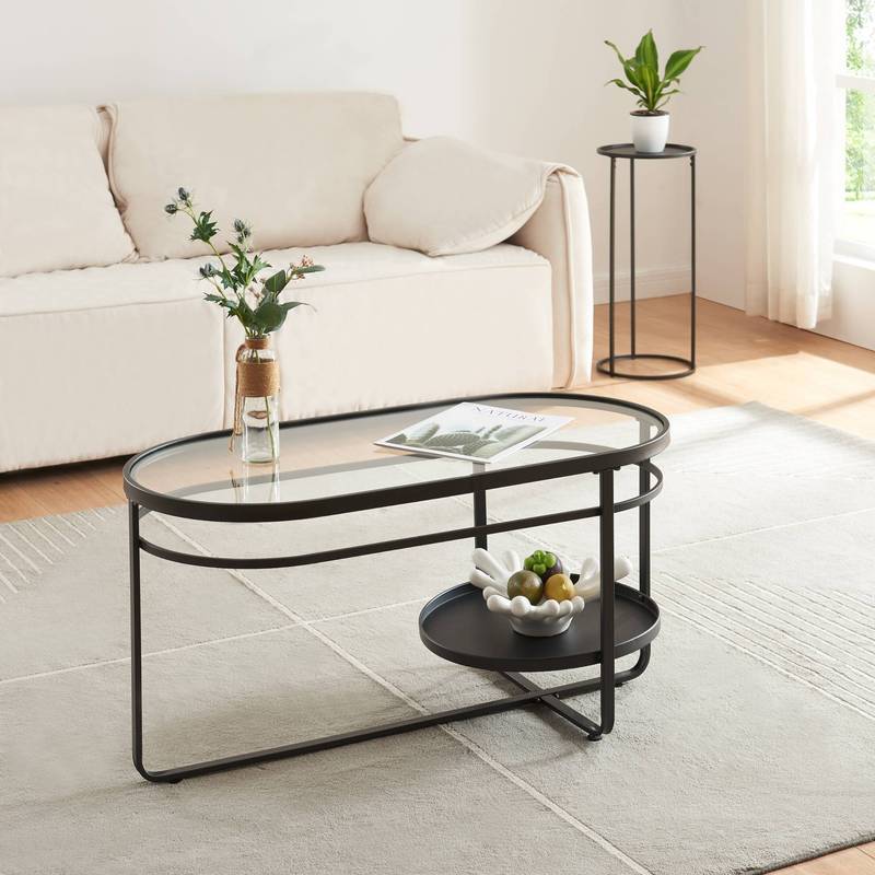 Kumla Oval Coffee Table With Metal Frame And Glass Top, 90 X 42.5 X 46 Cm, Black