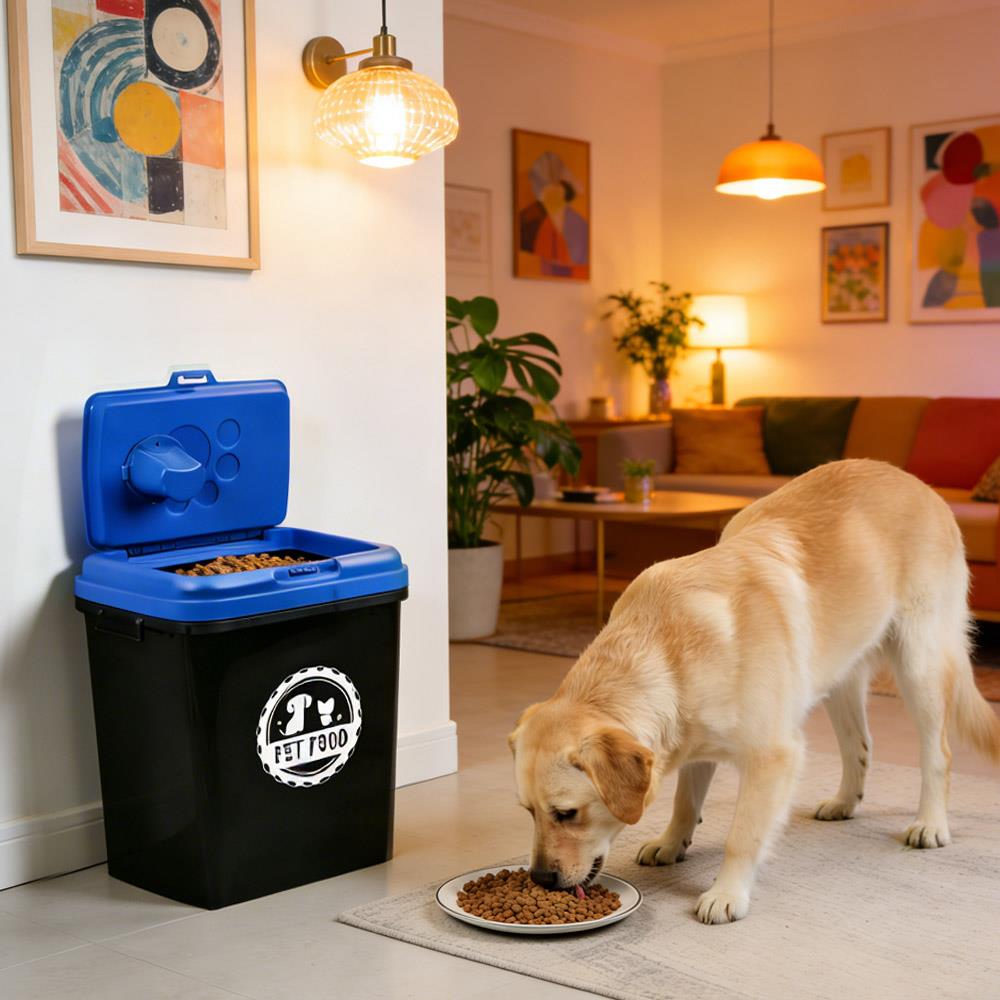 40L Pet Food Storage Container Airtight with Flip Top Lock – Holds 15kg Dry Food, Plastic Food Dispenser Bin with Scoop for Dog Cat Bird Fish Food Black/Grey