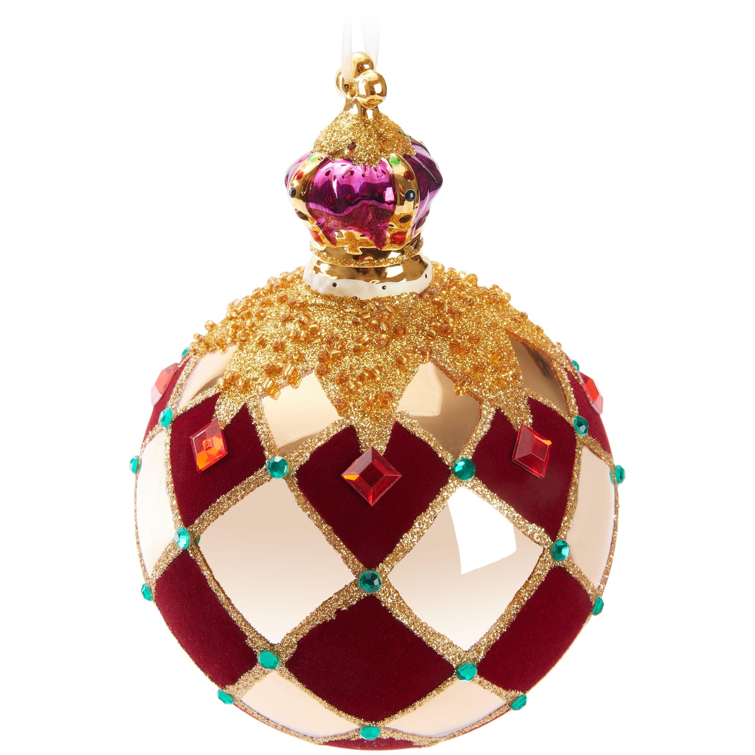 Image of Brubaker Premium Royal King Christmas Ornament - Royal Tree Ball Gold Red - Checkered With Velvet, Glitter, And Crown - Ball With Porcelain Figure - Christmas Tree Ornament