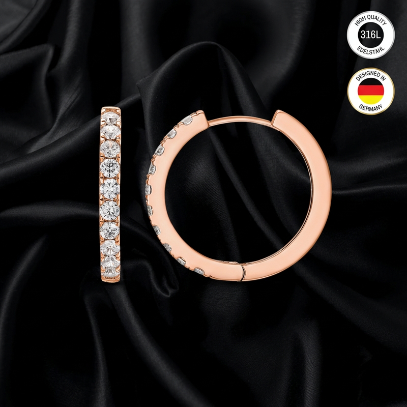 Women's Earrings - Rose Gold Colored - With White Cubic Zirconia Stone - Waterproof