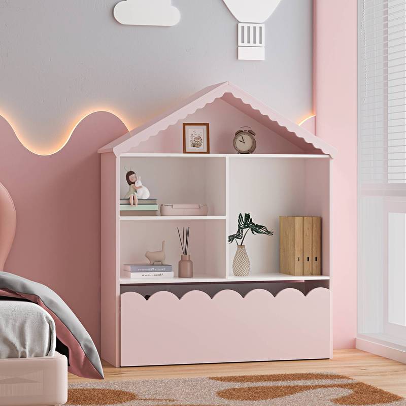 Kids' Shelf Vestnes House Design With Drawer In Wave Pattern, 114 X 91 X 30 Cm, Cotton Candy / White