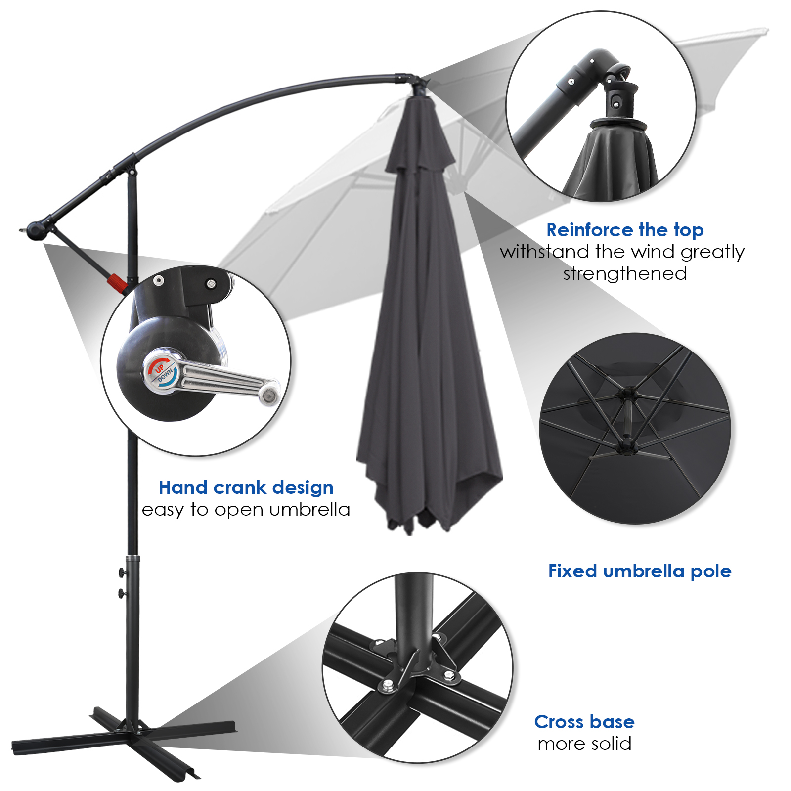 Parasol, parasol cantilever, avec support et lumière, protection solaire, protection UV jusqu'à UV30+, ouverture et fermeture faciles, pour jardin, terrasse, 300 cm