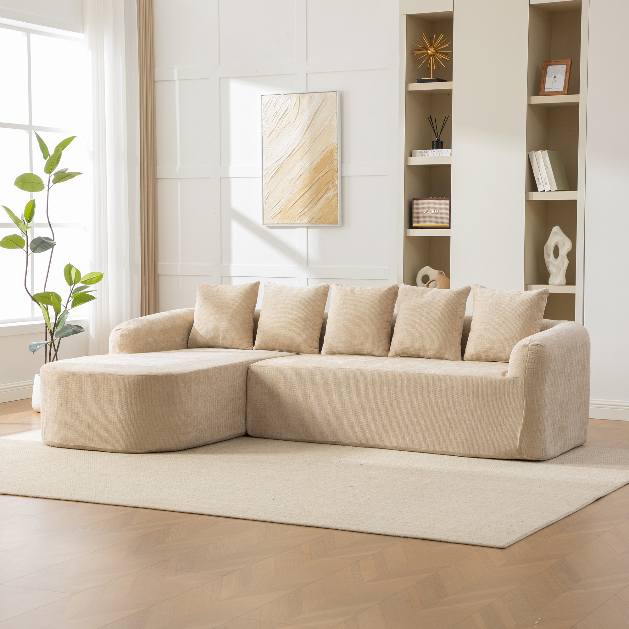 Image of Modular Compression Sofa Made Of Chenille Fabric, Filled With 30d High-elastic Foam. Easy To Move And With Non-slip Base, Ideal For Living Rooms And Other Rooms. Light Khaki