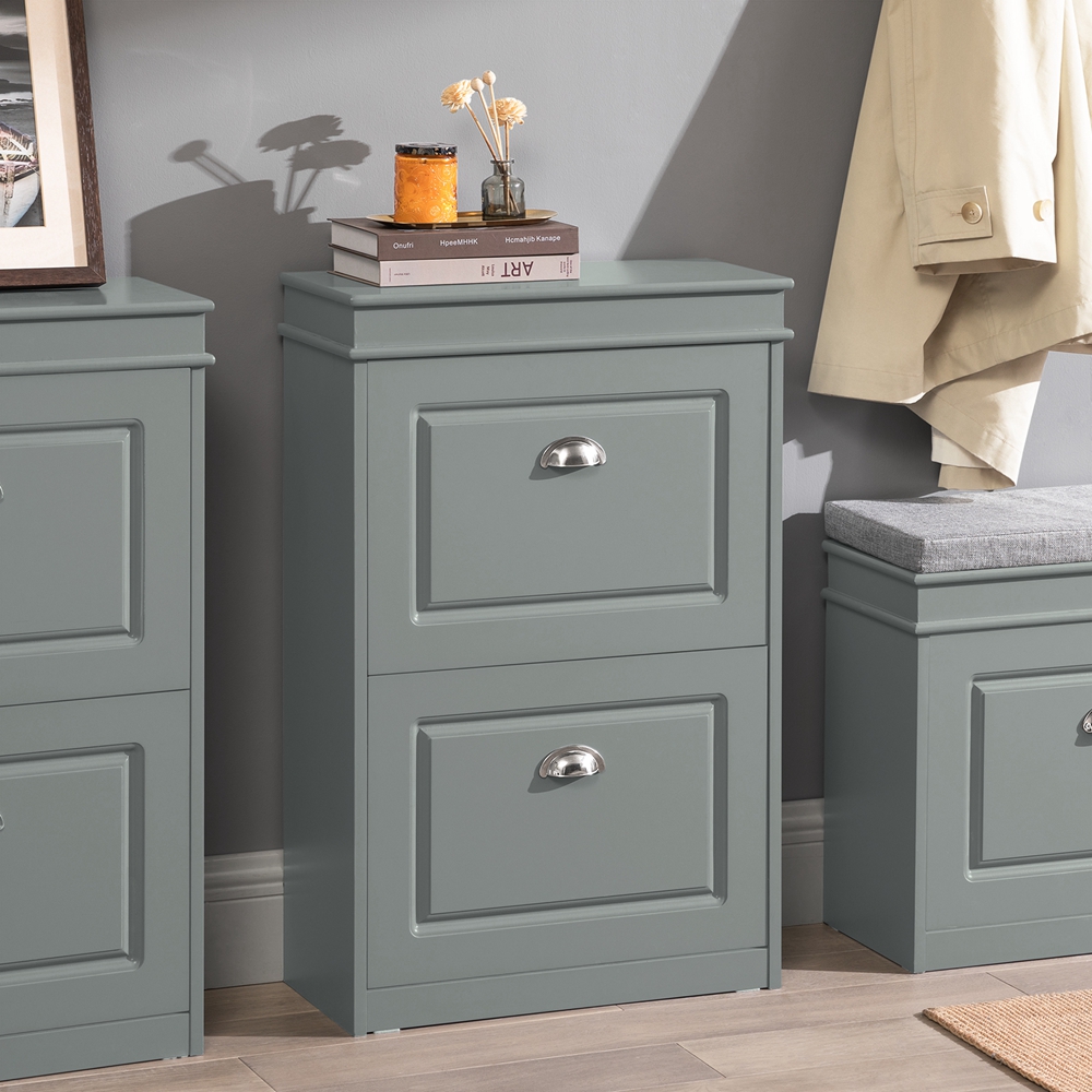 Image of Shoe Cabinet With 2 Flaps - Narrow Shoe Rack With 4 Shelves, Adjustable Shoe Organizer For Hallway, Entryway & Foyer - Hall Cabinet With Tilt Lock, 54x82x24cm, Light Gray, Fsr78-hg