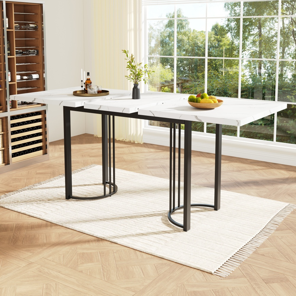 Image of Telescopic Dining Table (140–179.5×80 Cm) | Extendable Kitchen Table With Rectangular Metal Frame | Space- Design | Color: White | For Dining Room, Living Room, Kitchen