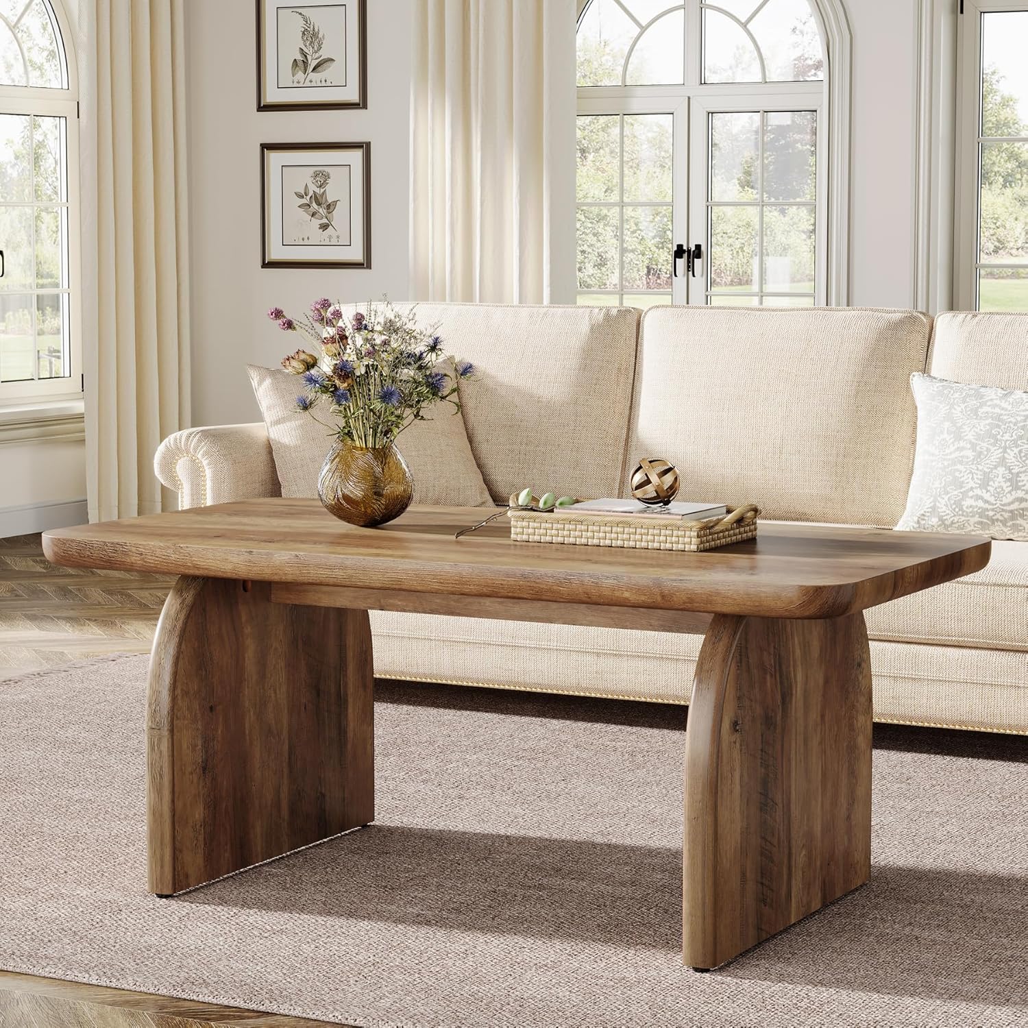 Vintage Rectangle Coffee Table, Modern 120cm Wood Rectangular Living Room Table, Farmhouse Accent Center Low Cocktail Tea Table With Sturdy Base & Rounded Corners, Easy Assembly (rustic Brown/black)