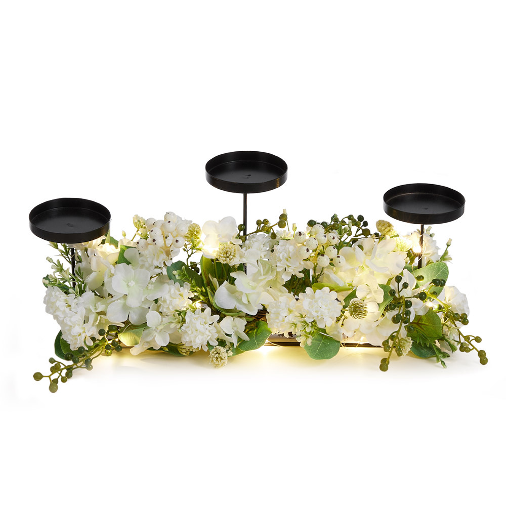 TEMU 1pc White Wedding Decoration Faux Flowers, Table Decoration Featuring 3 Candle Holders, Designed With Eucalyptus Leaves And Hydrangea Table