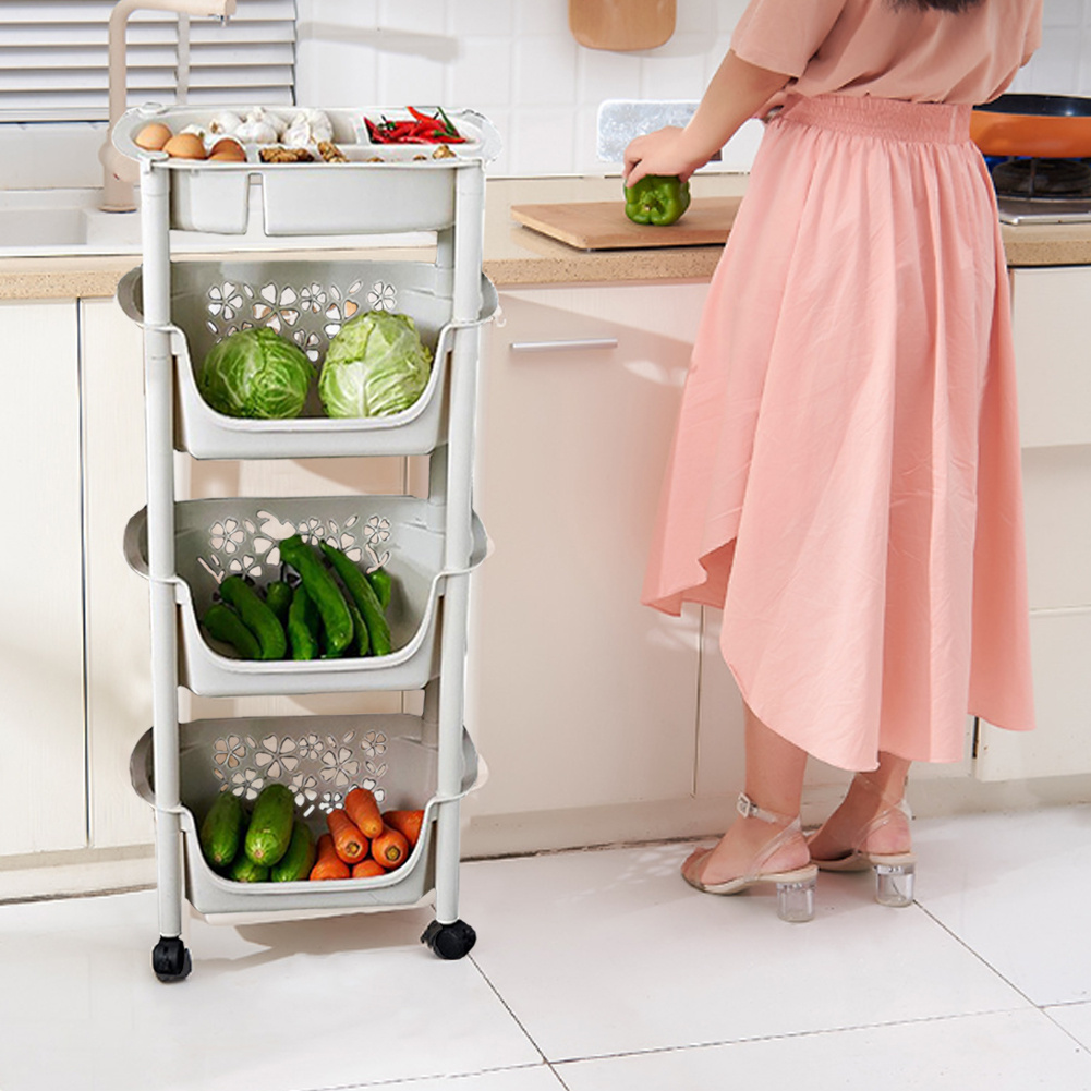 TEMU White 4 Layer, Plastic Fruit And Vegetable Storage Cart (with Top Shelf), Floor Standing Kitchen Fruit And Vegetable Basket, Bedroom Cosmetics