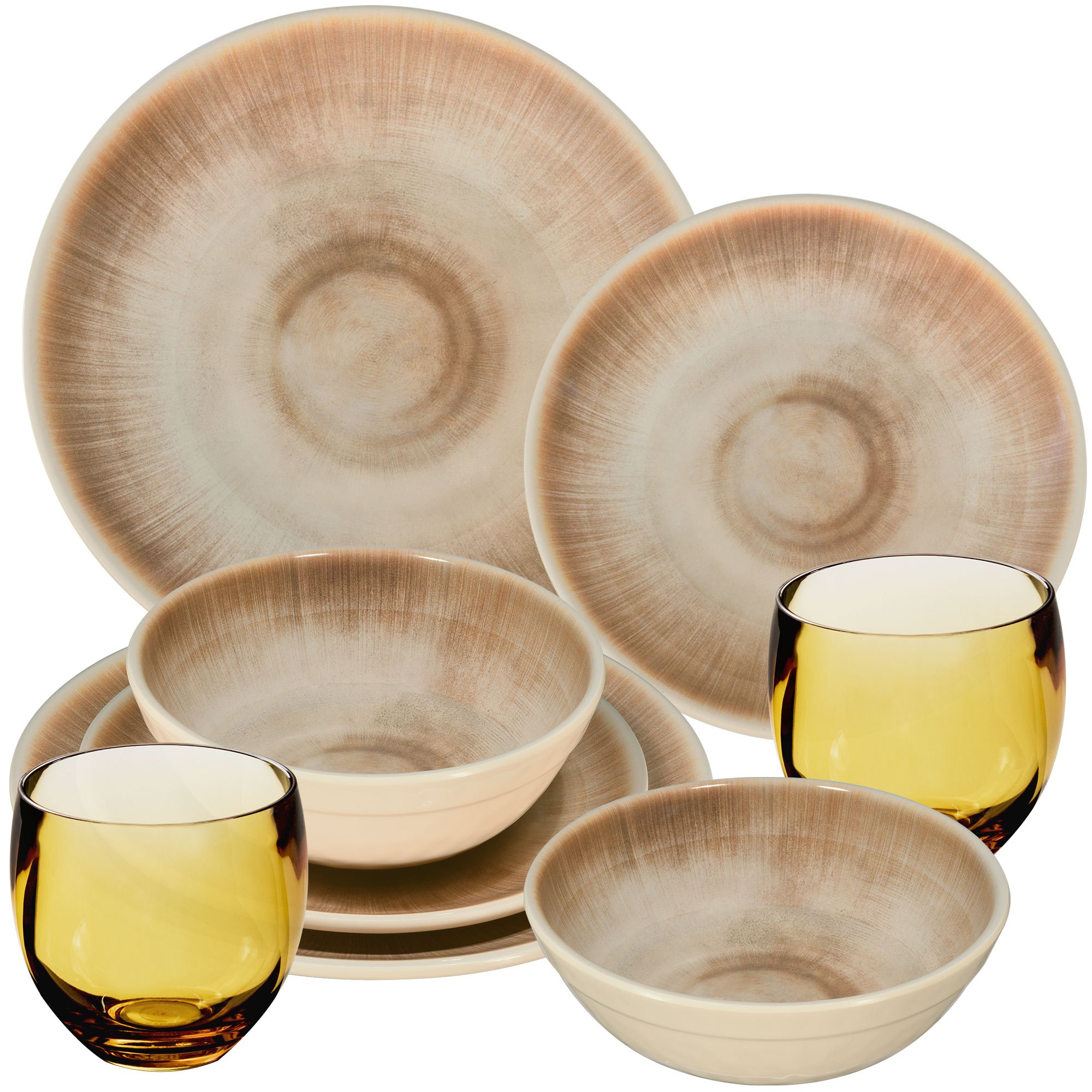 Melamine Dish Set Sand For 2 People - 8pcs - With Brown 400ml Tumblers Stoneware Look Dishwasher Safe Tableware Camping Accessories Camping Dishware Camping