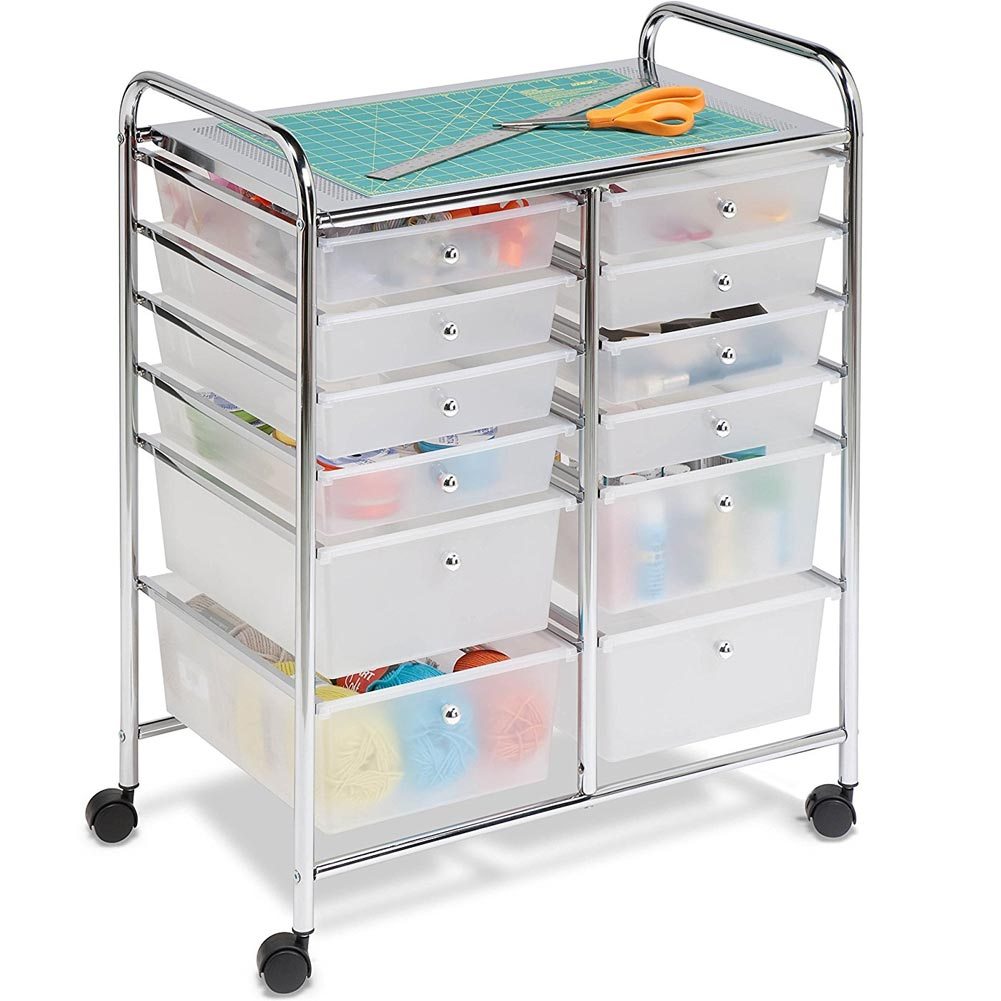 TEMU BAKAJI Chariot Multi- en Acier Chromé Double avec 12 Tiroirs et 4 Roues, Organisateur de Chariot de Place pour Salle de Bain, Maison, Bureau,