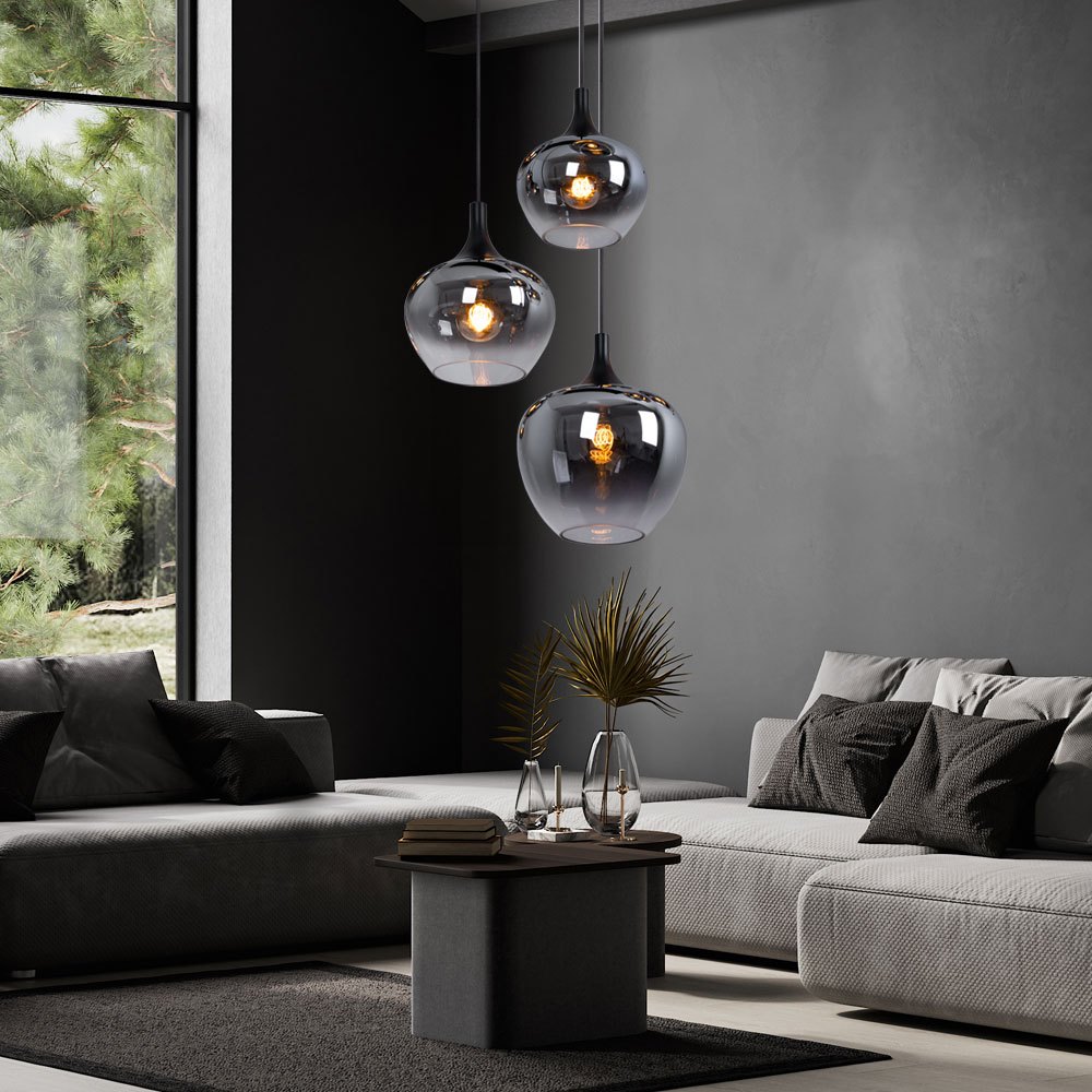 Image of Pendant Lamp Living Room Chandelier Dining Table Light Smoked Glass Shade, Black Metal, E27 Sockets 3x, Dxh 48x120 Cm