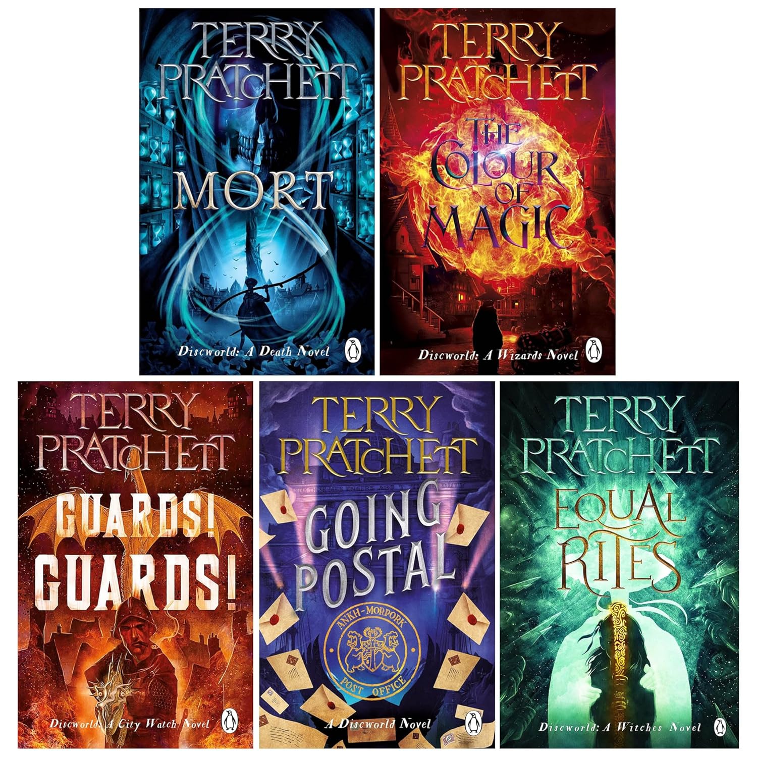 TEMU Terry Pratchett Discworld Novels Series 5 Books Collection Box Set | The Colour Of Magic, Equal Rites, Mort, Guards! Guards! & Going Postal -
