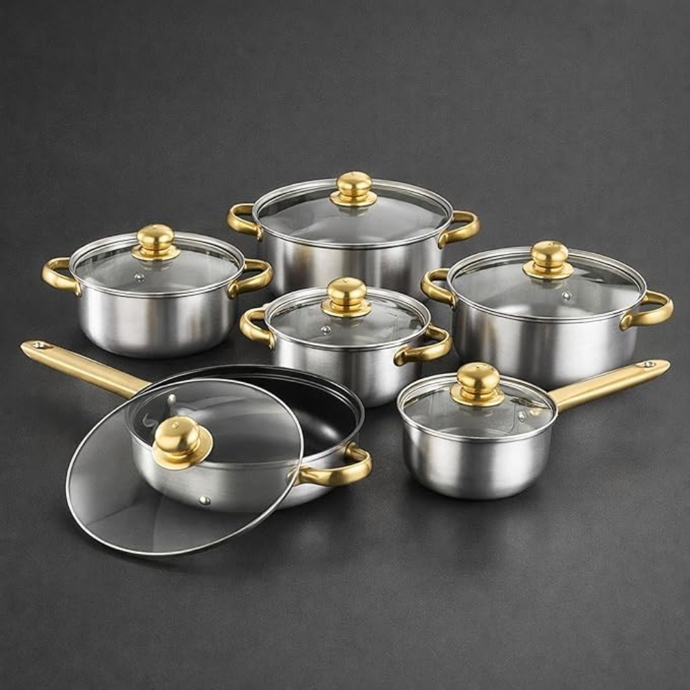 TEMU Stainless Steel Cookware Set Of 6, With Gold-colored Handles, Including 4sizes (15.8–23.8 Cm) Of Saucepans, Milk Pan, A Frying Pan, And Kitchen